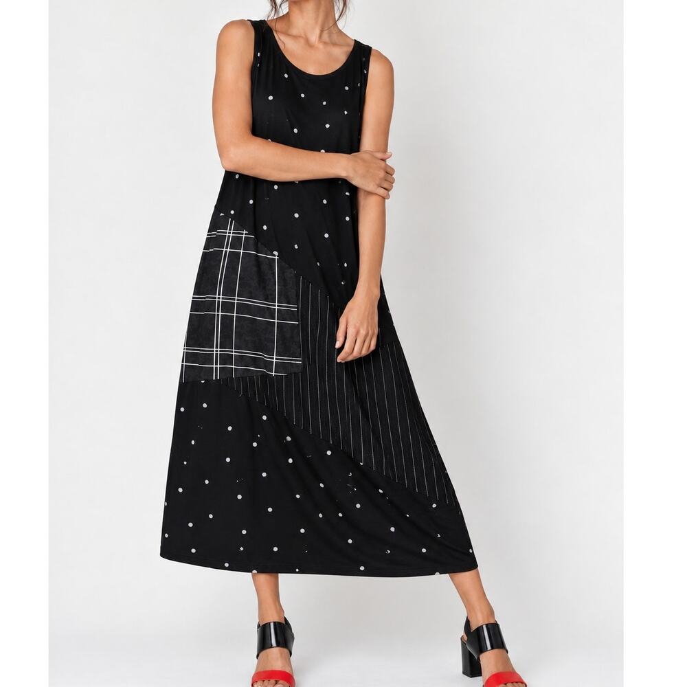 Alembika Black Patchwork Midi Dress 4 US 12-14 Lagenlook Polka Dot Plaid Artsy